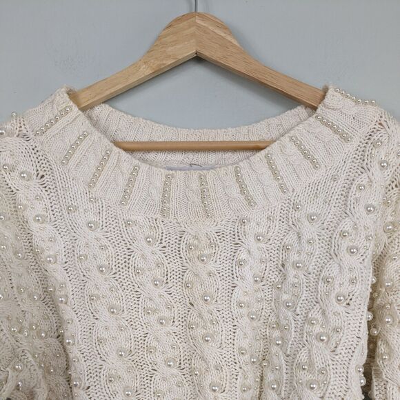 Vintage 90s Sweater Cable Knit Pearl Cropped Off White Coquette Feminine M - Picture 3 of 13